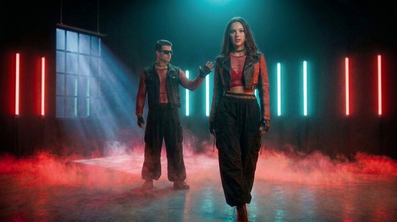 Storyboard frame S7-02: Gustav and Brianna in the studio dance world with red and teal tube lights and low fog